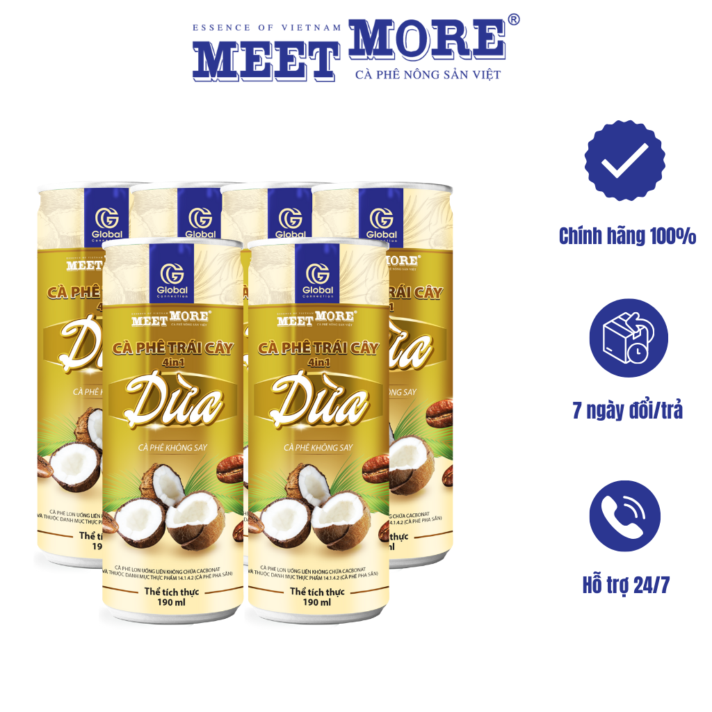 Lốc 6 lon cà phê hòa tan vị dừa Meet More 190g
