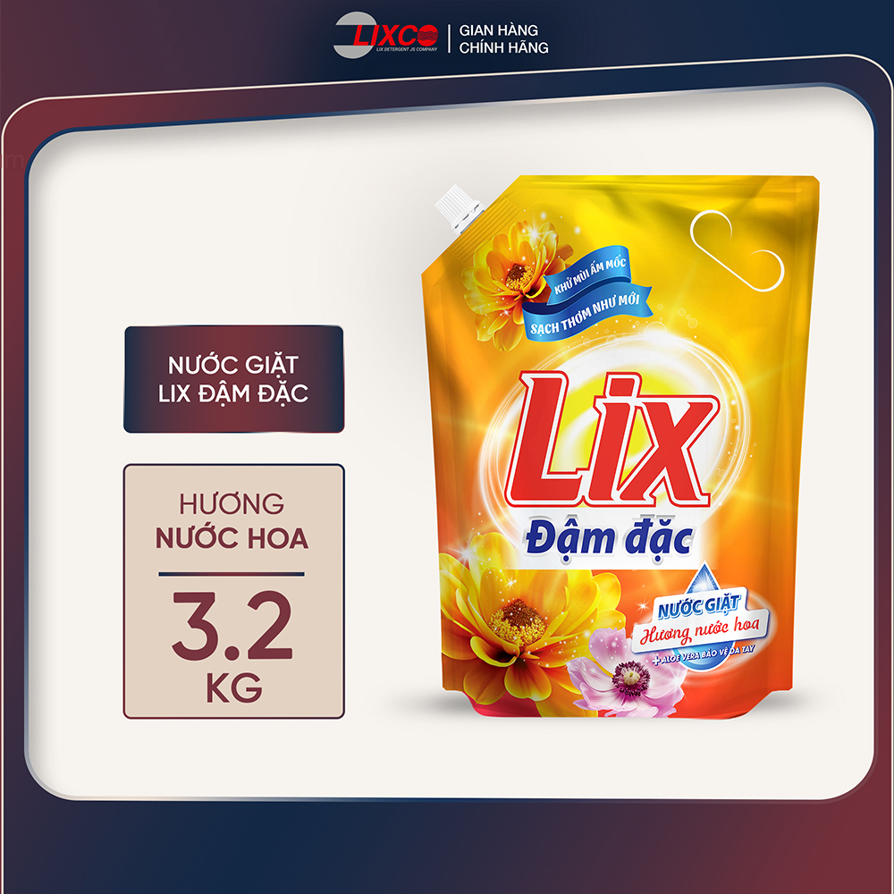 Nước giặt Lix hương nước hoa túi 3.2kg sạch thơm như mới khử mùi nấm mốc NGH47 nước giặt bảo vệ da tay - Lixco Việt Nam