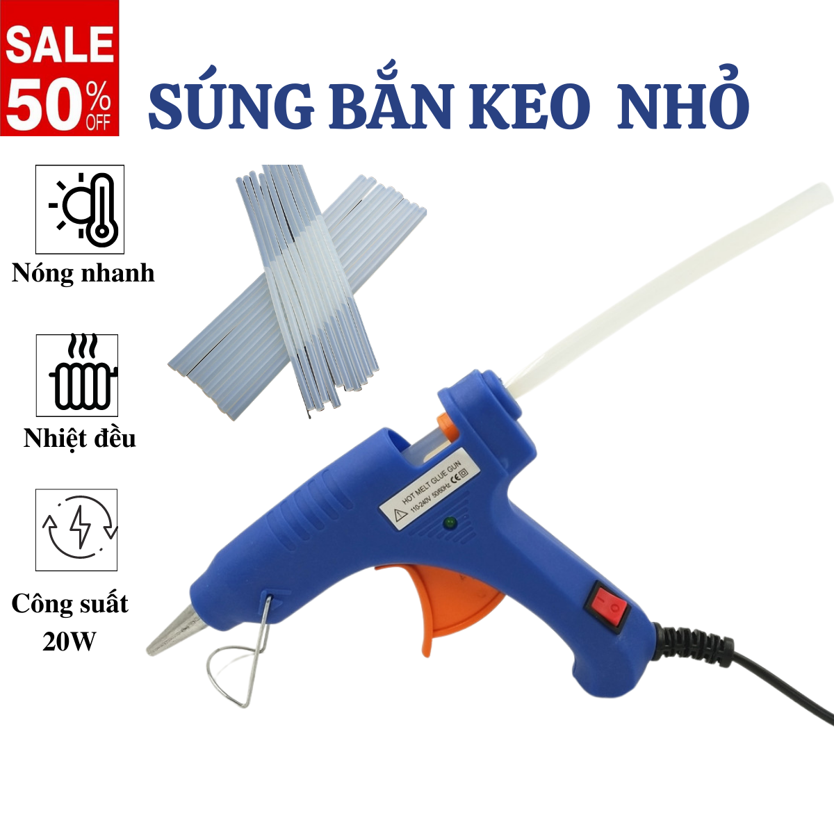 Súng bắn keo silicon, máy bắn keo nến nhỏ 20w, máy nóng nhanh sử dụng cho keo nến 7mm, tặng kèm 1 thanh keo nhỏ 25cm