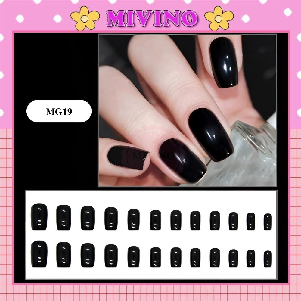 Móng tay giả Mivino nail box màu đen trơn dài phong cách kiểu Pháp cá tính MG19