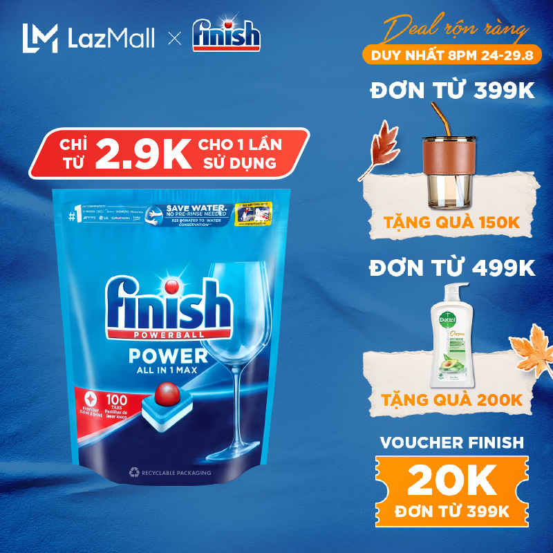 Viên Rửa Chén Bát Finish Powerball Power All In 1 Max - Túi 100 viên siêu tiết kiệm