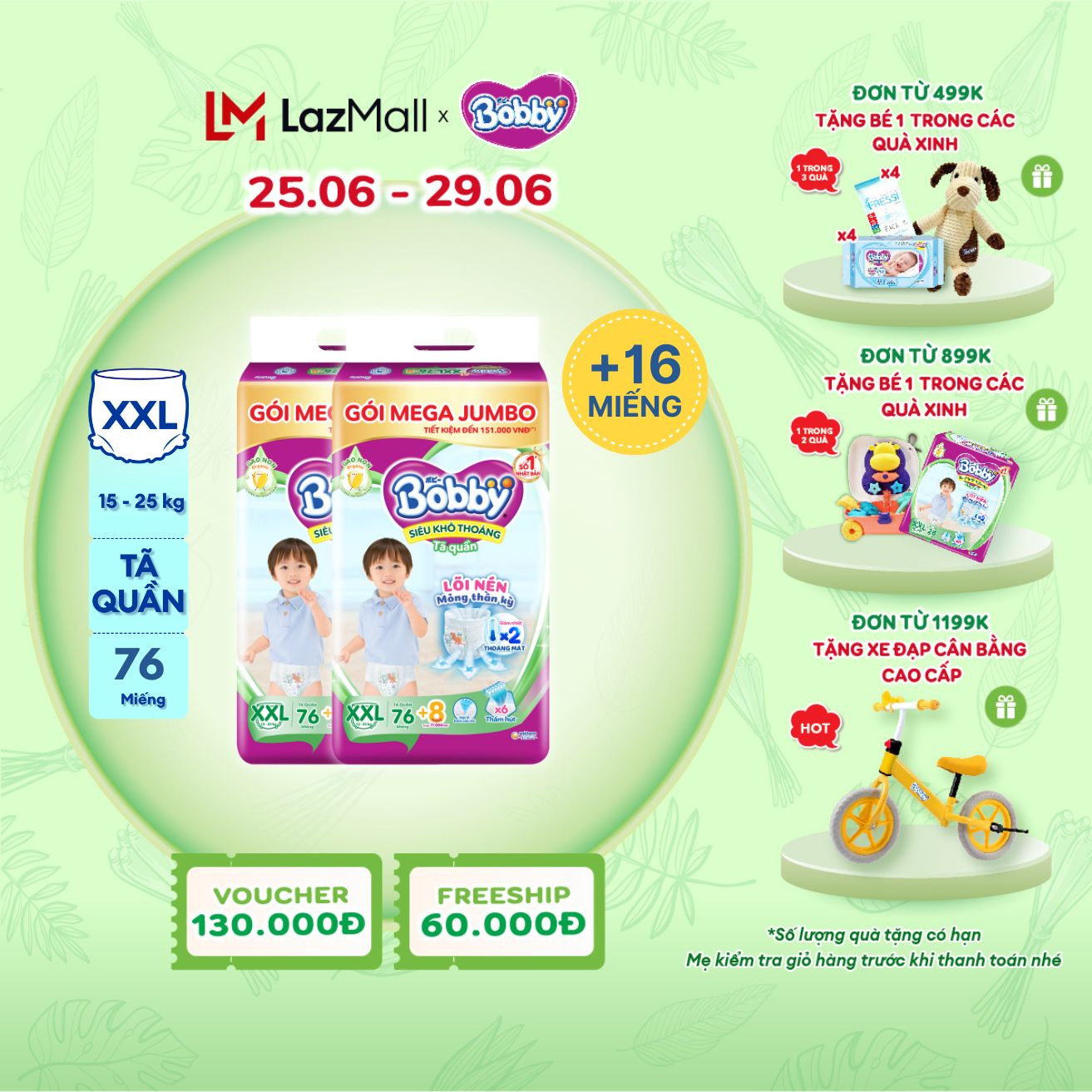[TỪ 25.6-29.6 QUÀ TẶNG ĐH 499K] [TẶNG THÊM 16 MIẾNG] Combo 2 Tã/bỉm quần Bobby 3mm Mega Jumbo Gạo non Giảm nhiệt XXL76