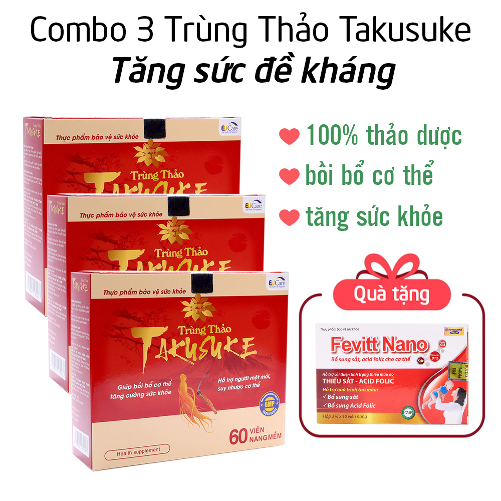 (tặng sắt bổ máu) Combo 3 hộp Viên uống Đông Trùng Hạ Thảo Takusuke bổ sung Lysin, vitamin và khoáng chất giúp ăn ngủ ngon, tăng sức khỏe, sức đề kháng - 60 viên