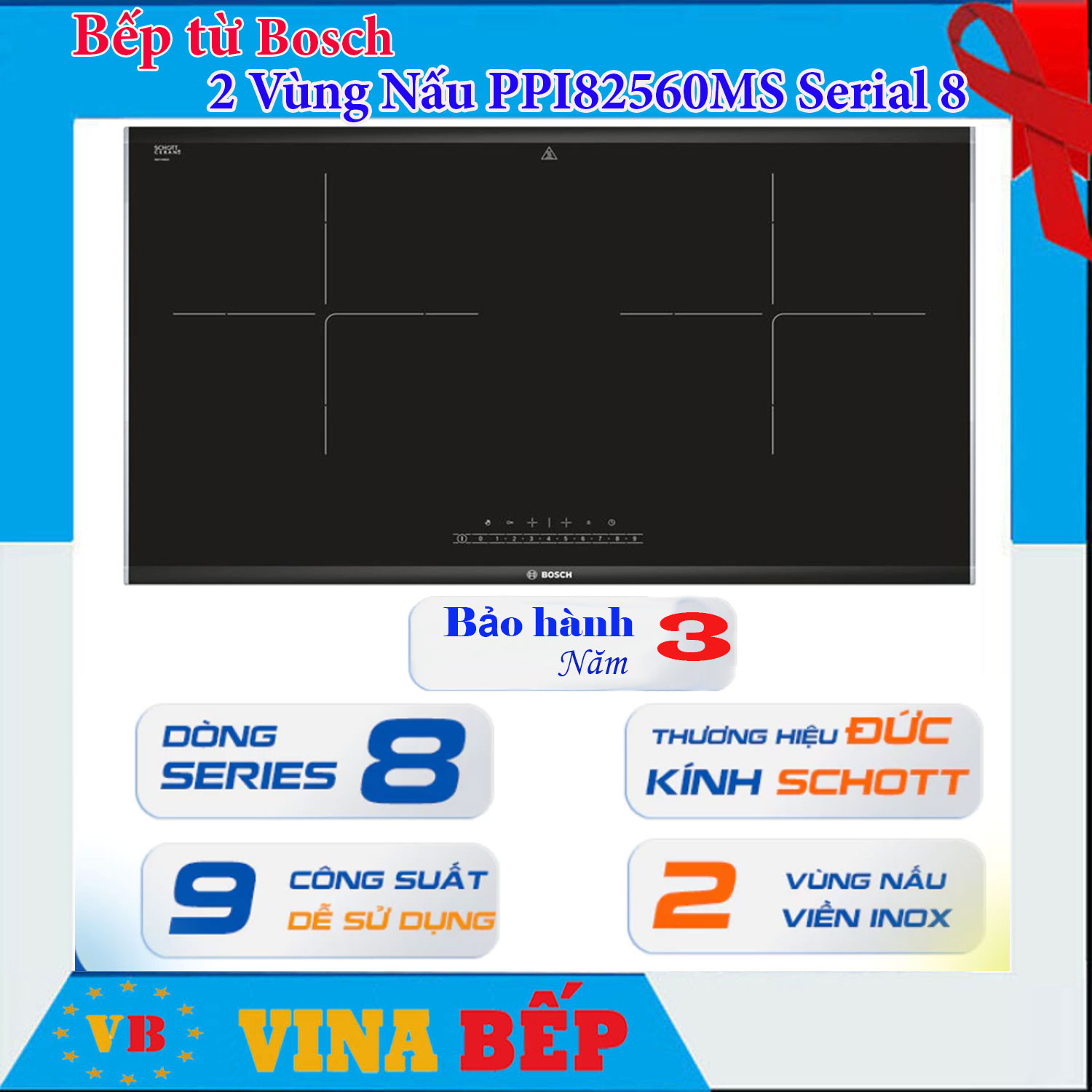 Bếp từ đôi Bosch PPI82560MS Serie 8 - Kích thước 780x450mm, màu đen