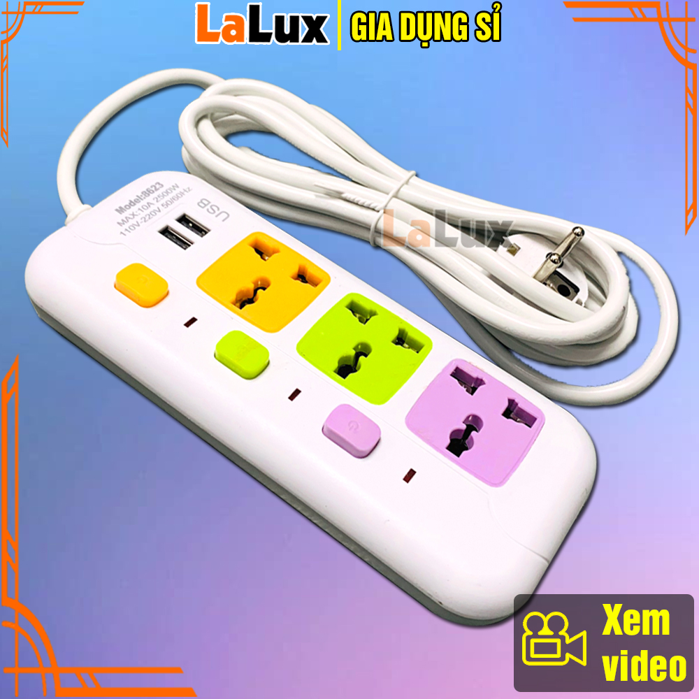 Ổ Cắm Điện - Ổ Cắm Điện Đa Năng 3 Phích Cắm - Ổ Cắm Điện Chống Giật 2 Cổng Sạc USB - Ổ Cắm Điện Thông Minh 8623