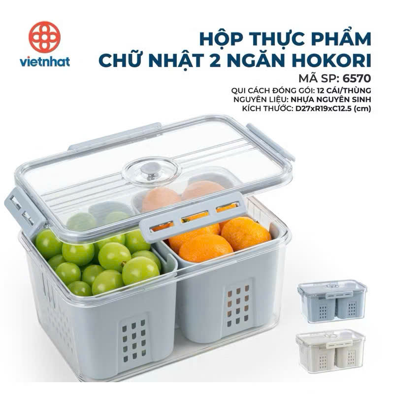 Hộp Đựng Thực Phẩm Chữ Nhật 2 Ngăn Mika 6570 đựng rau củ quả thức ăn có khay hứng ráo nước nhựa  Việt Nhật, hộp , hộp đựng thực phẩm, hộp nhựa, hộp