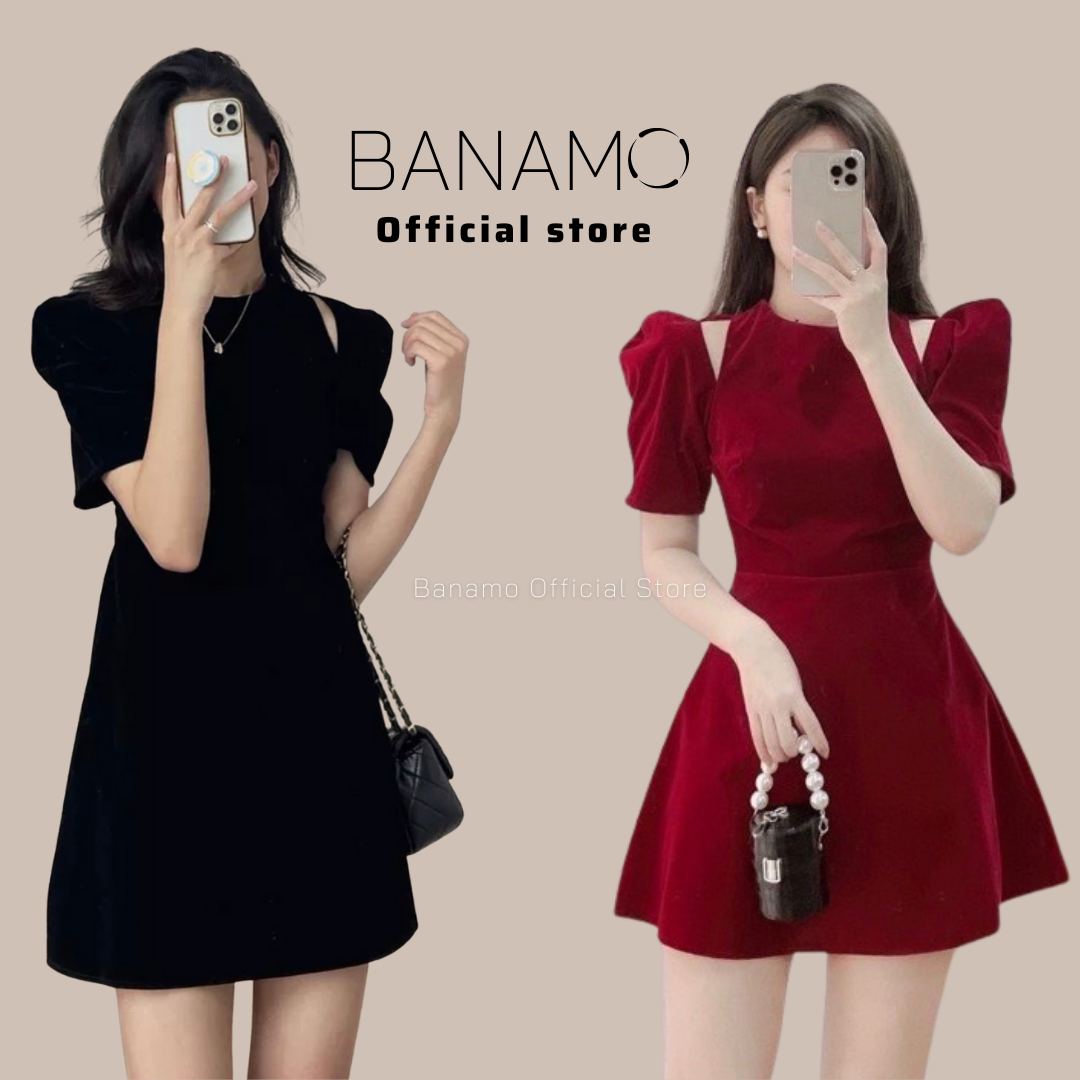Đầm chính hãng Banamo Fashion váy nhung tiểu thư tay bồng khoét vai 559