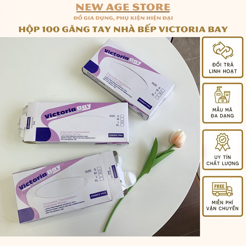 Găng tay dùng trong nhà bếp - găng tay nội trợ siêu dai Victoria Bay chất liệu TPE không mùi chống nhăn hộp 100 cái