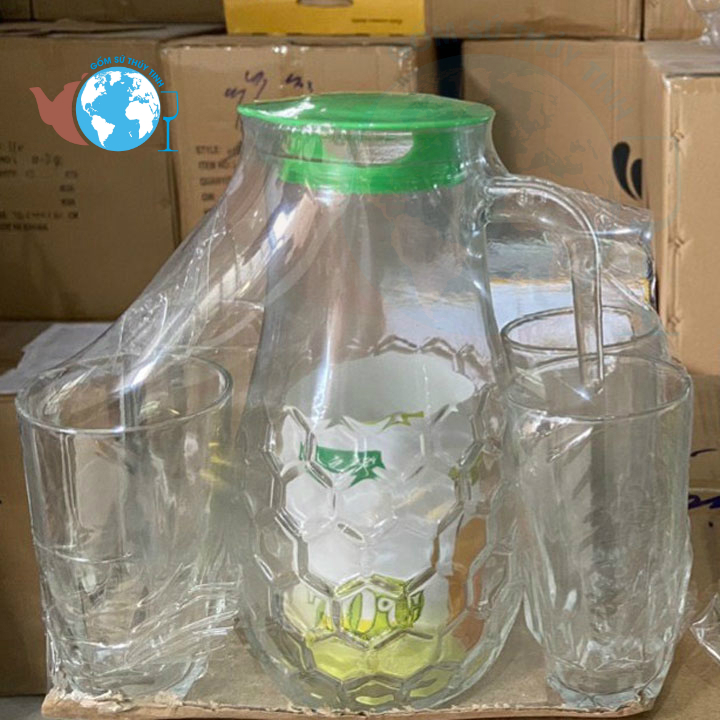 Bộ bình 1,3l lớn và 4 ly thủy tinh kim cương lớn - Bộ bình ly thủy tinh 5 món bình rót kiểu ngẫu nhiên