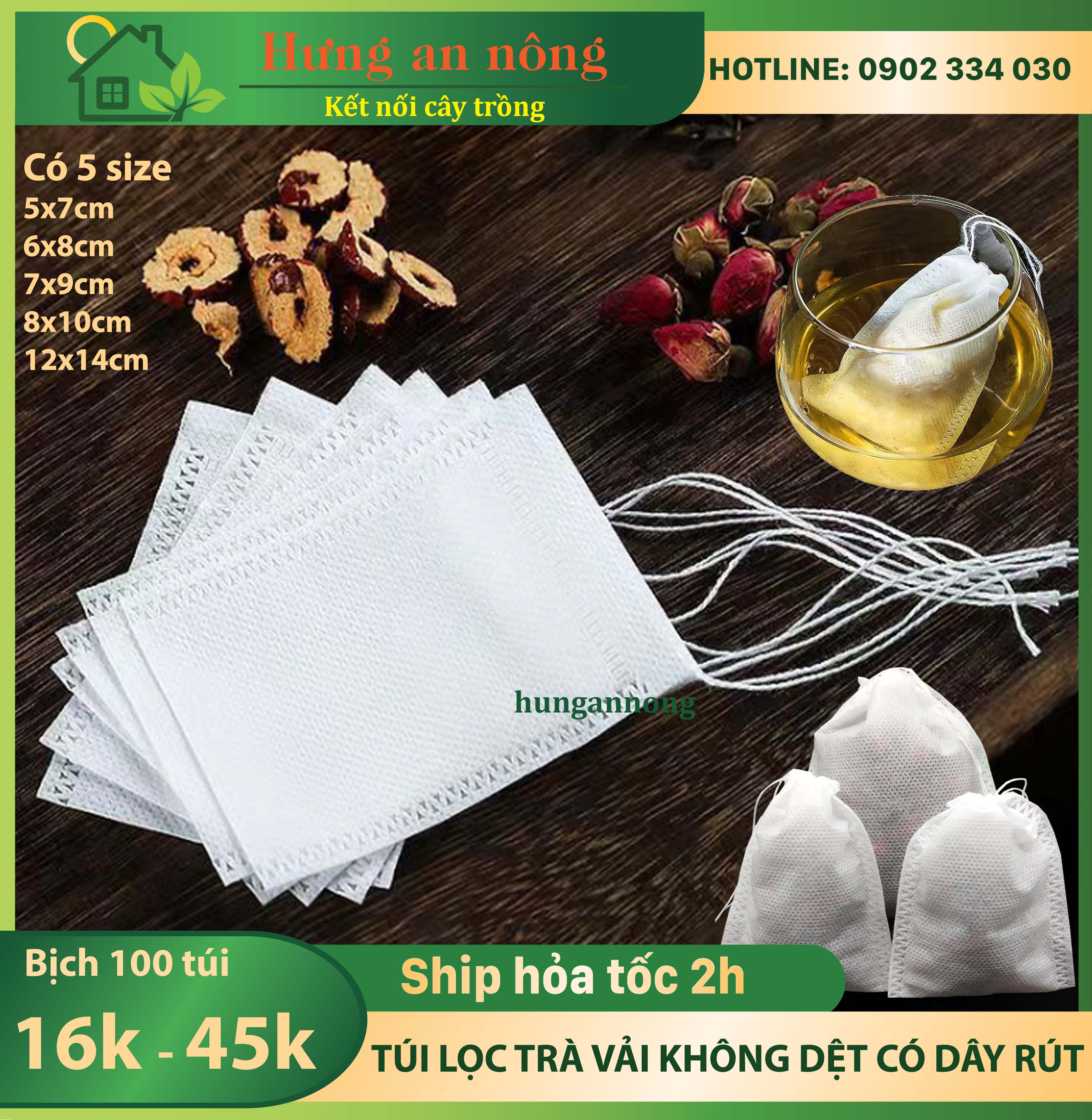 500 Túi lọc trà vải không dệt có dây, đựng hoa khô, phân tan châm, phân gà dơi trồng cây, có 5 size