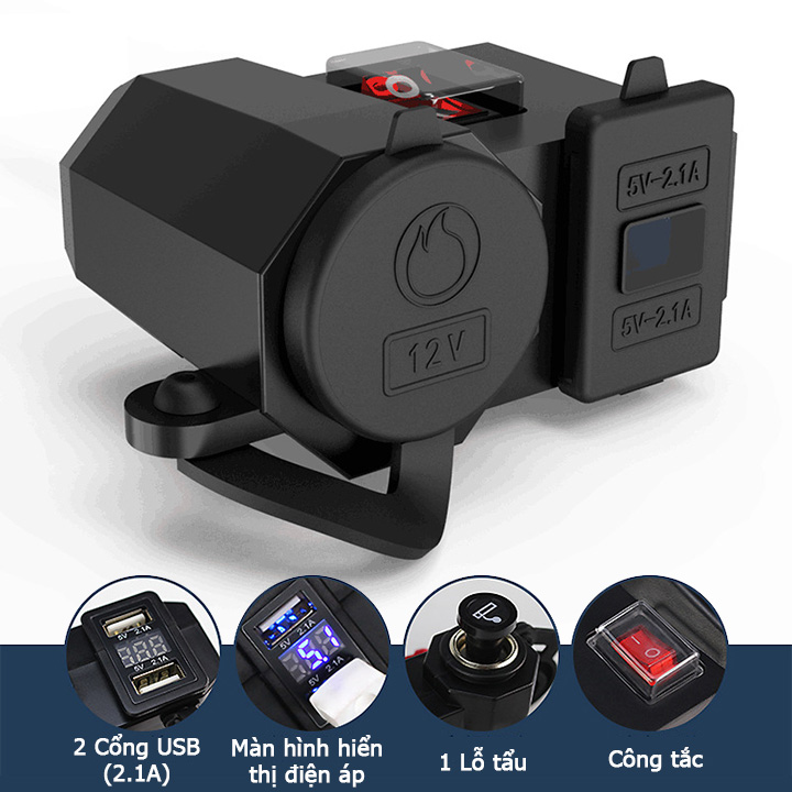 Sạc điện thoại gắn xe máy 3 trong 1 sạc nhanh 2.1A có lỗ tẩu và màn hình hiển thị điện áp chống nước