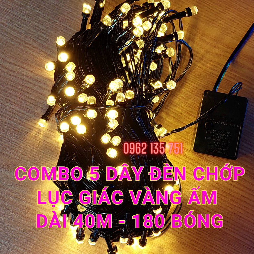 Combo 5 dây đèn led chớp lục giác vàng ấm 40m - 180 bóng trang trí noel