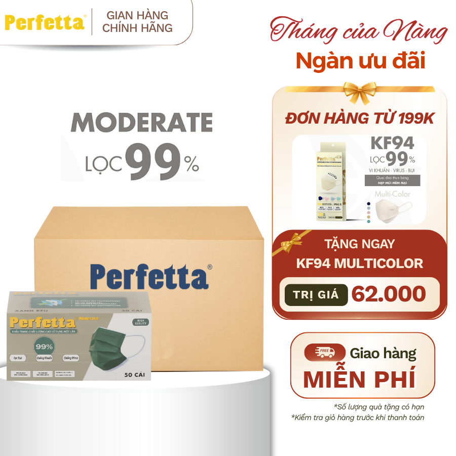 [Thùng 500 cái] Khẩu trang y tế 3 lớp Perfetta Moderate Trắng/Xanh/Đen (50 Cái/ Hộp)