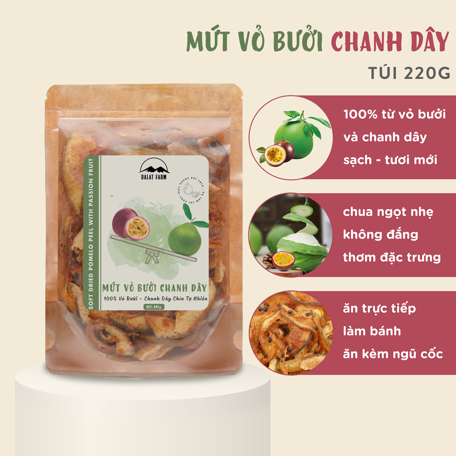Mứt vỏ bưởi chanh dây dalat farm - túi 220g