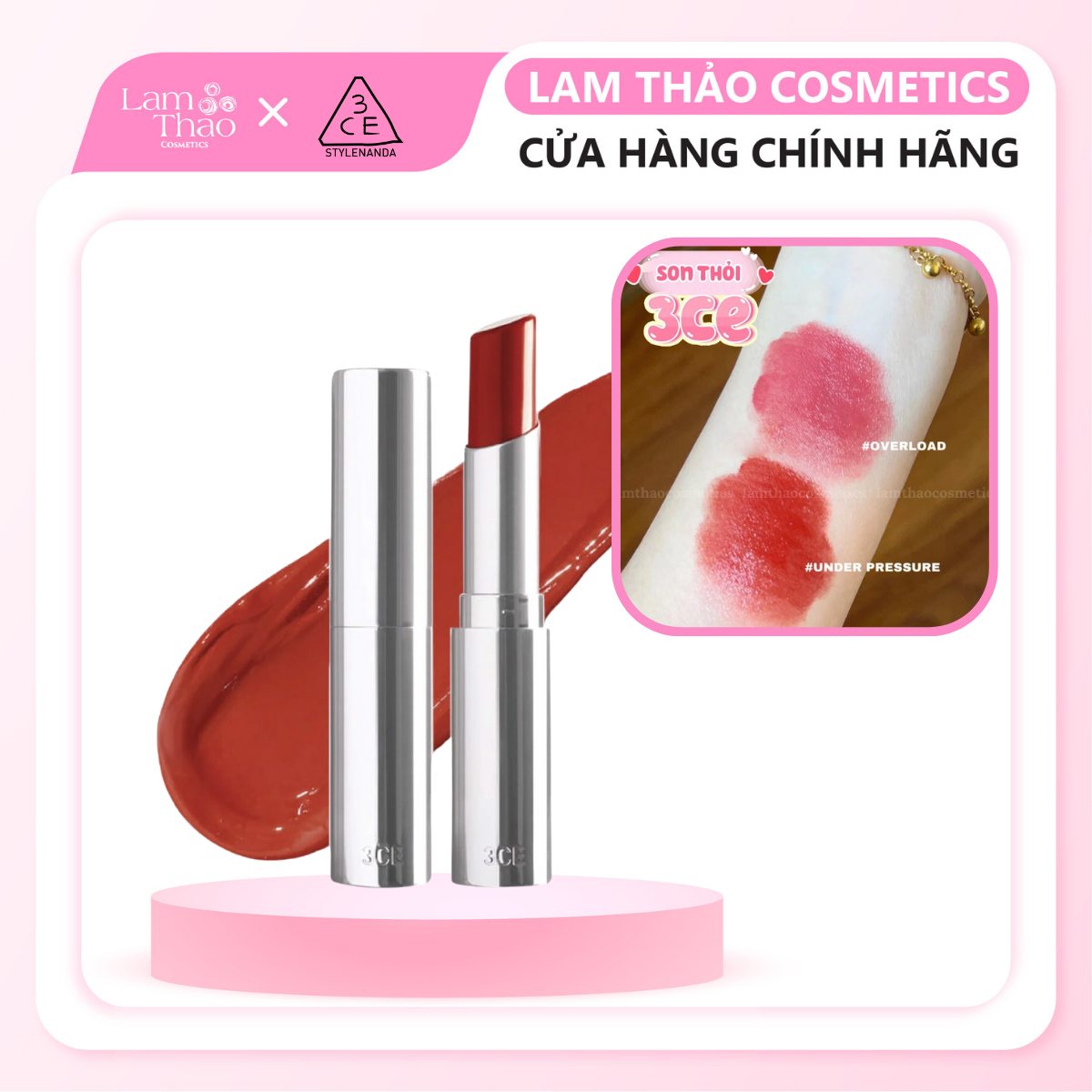 Son thỏi màu, dưỡng ẩm cho đôi môi mềm mại căng bóng 3ce glow lip color