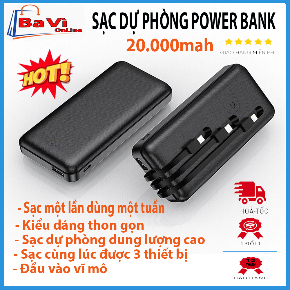 Sạc dự phòng 20000mah, cục sạc dự phòng power bank cao cấp, sạc dự phòng 3 đầu cáp sạc, Lightning, Typec, micro usb tiện dụng, sạc dự phòng không dây, sạc dự phòng có đèn led hiển thị, sạc dự phòng giá rẻ