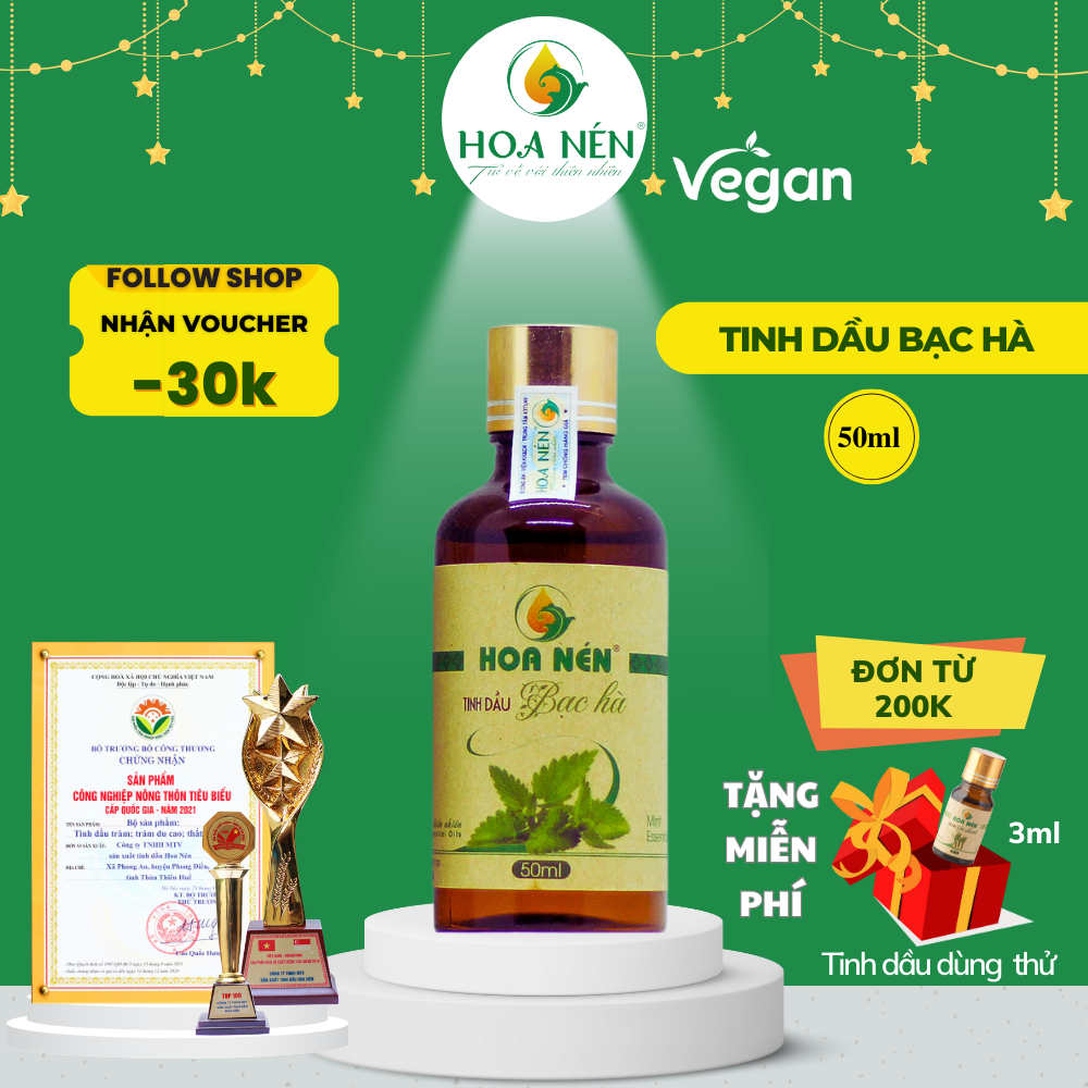 Chính hãng- tinh dầu bạc hà nguyên chất 50ml - hoa nén - giảm hơi thở có mùi, nhức đầu.