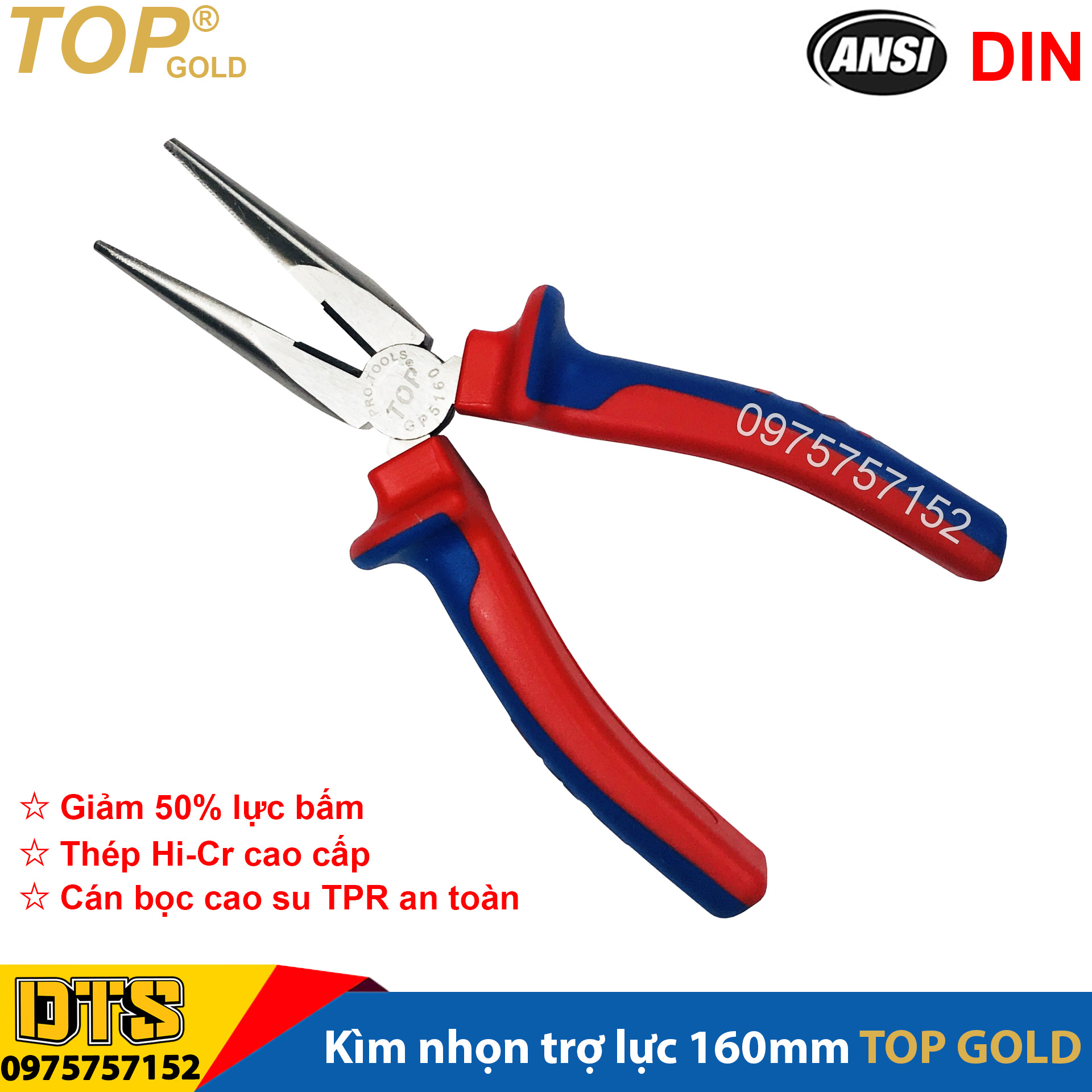Kìm nhọn trợ lực chuyên nghiệp TOP GOLD 160mm, thép Hi-Cr cao cấp, thiết kế cộng lực tiết kiệm 50% lực tay, kìm đa năng cao cấp, kềm mỏ nhọn, kềm nhọn chuyên dụng