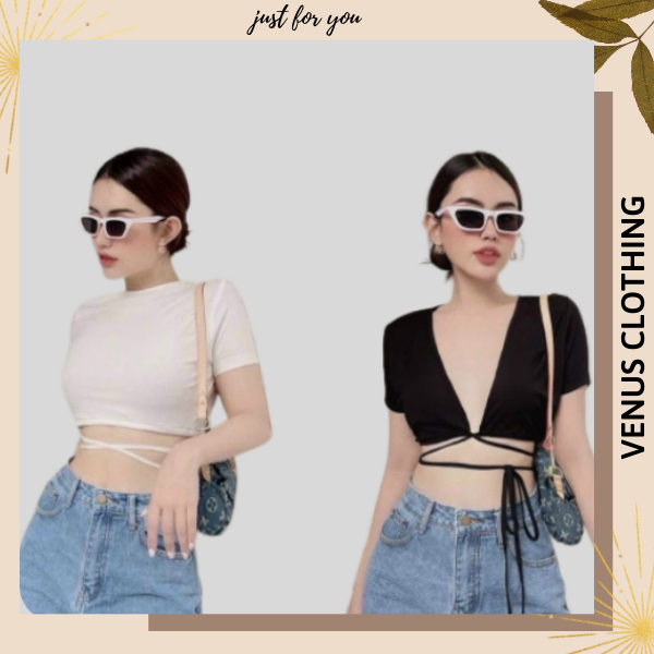 Áo Crotop cổ V tay ngắn cột dây quanh eo mặc hai kiểu hở trước ngực hoặc hở sau lưng