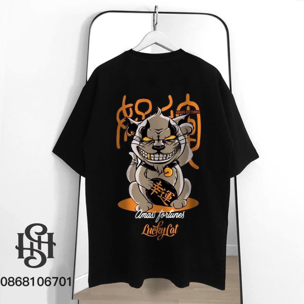 Áo thun unisex nam nữ lucky cat có bigsize đến hơn 100kg vải cotton dày mịn