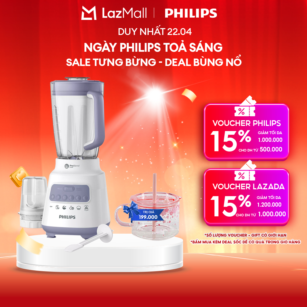 [NGÀY THƯƠNG HIỆU TỎA SÁNG DUY NHẤT 22.04] Máy Xay Sinh Tố Philips HR2222/00 (Trắng)|700W| - Cối Thủy Tinh 1.5L- Đi Kèm Cối Xay Gia Vị Nhỏ - 5 Tốc Độ Cài Đặt Sẵn - Nghiền Mịn Đá, Nhanh Gấp 2 Lần - Hàng Phân Phối Chính Hãng