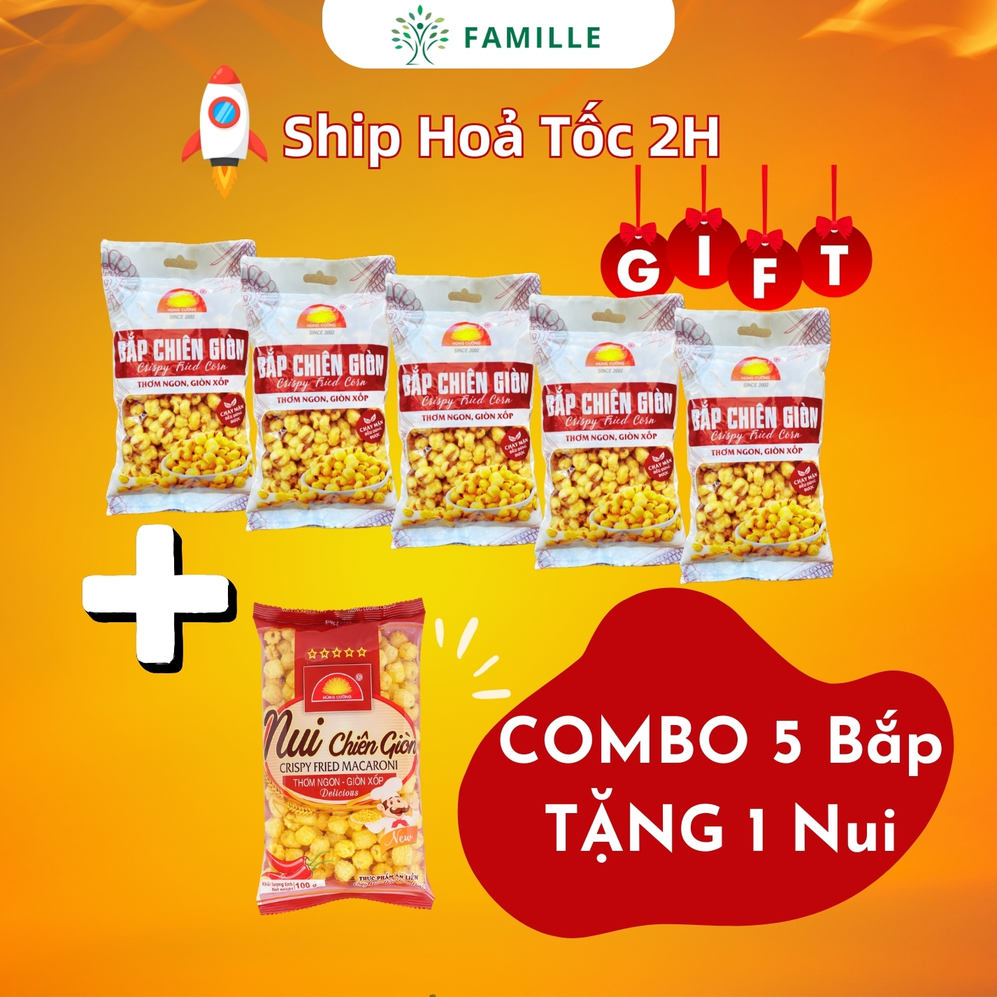 Combo 5 Bắp Chiên Giòn 100g Tặng 1 Nui Chiên Giòn | Ngô Cay | Ăn Chay Được | Đồ Ăn Vặt | Ngô Nếp Sấy Giòn | Bắp Chiên Hùng Cường | Ngô Sấy |
