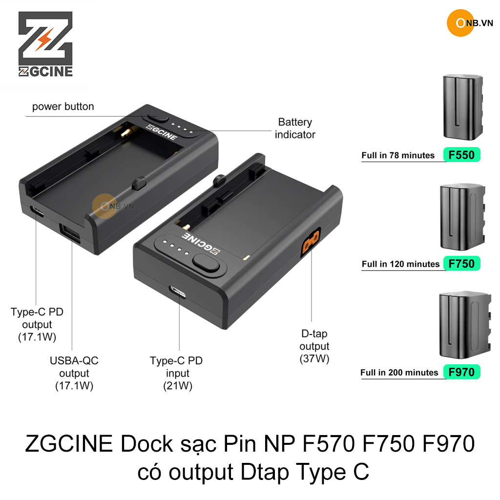 Zgcine dock sạc pin np f550 f750 f970 có output dtap type c