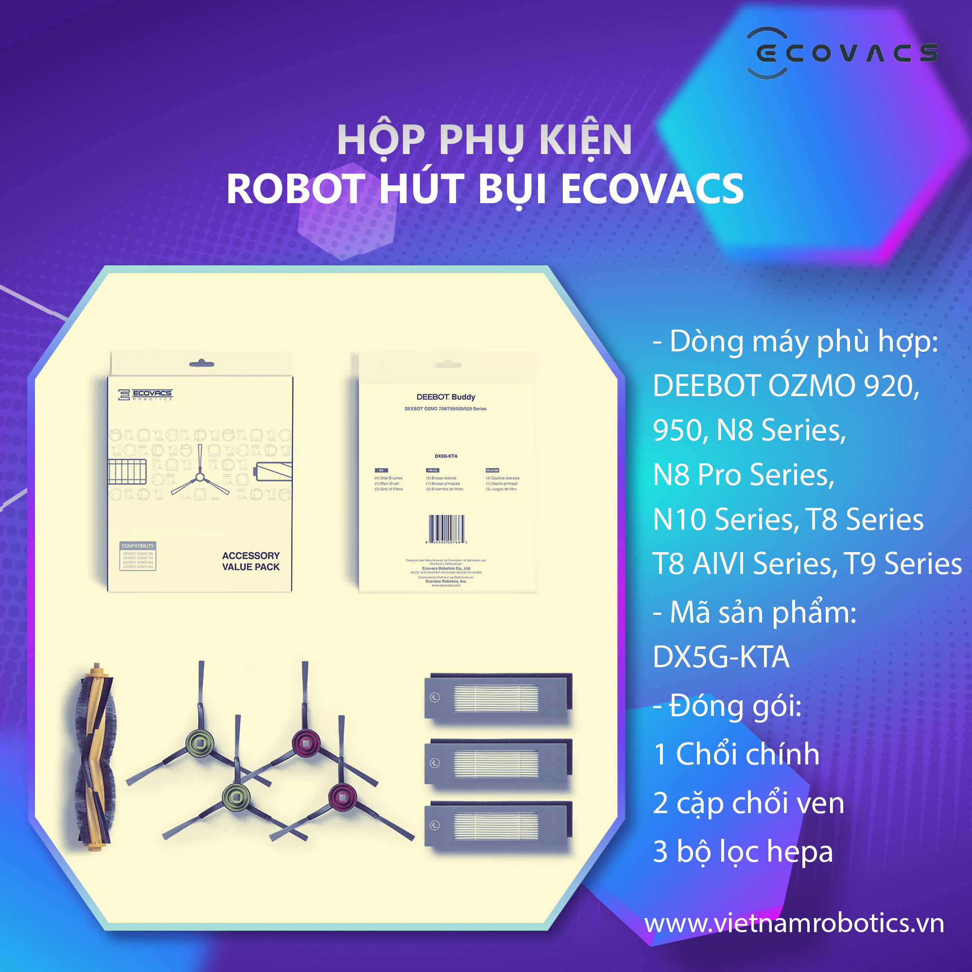 Hộp Phụ Kiện Ecovacs Deebot - DX5G-KTA - Dành cho các dòng T5, 920, 950, N8, Series N8 Pro Series, N10 Series T8 Series, T8 AIVI Series, T9 Series - Hàng chính hãng - Bản quốc tế