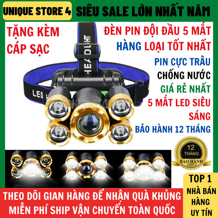 Đèn Pin Siêu Sáng Đội Đầu 5 Mắt Led Loại Bóng To Sáng Hơn, Chống Nước Bảo Hành 12 Tháng, den pin sieu sang, đèn pin, đèn pin siêu sáng, den pin, Đèn led siêu sáng