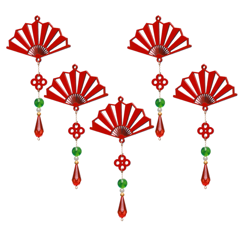 Combo 5 dây trang trí treo cây mai, trang trí cây đào, đồ trang trí tết handmade bằng gỗ Quạt Cát Tường Đỏ