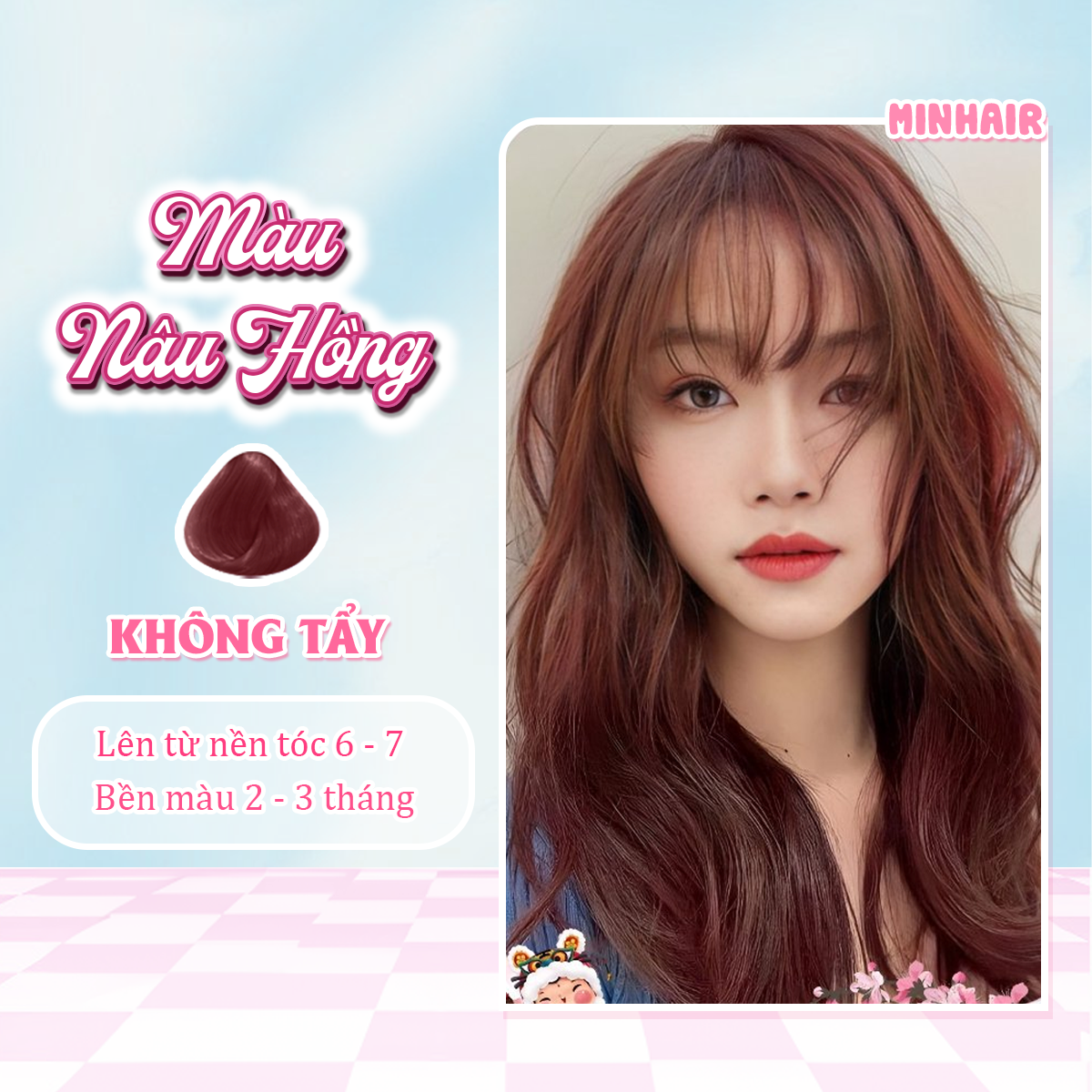 Thuốc nhuộm tóc, thuốc nhuộm tóc Nâu Hồng MIN.HAIR, tặng kèm oxy trợ dưỡng và bao tay