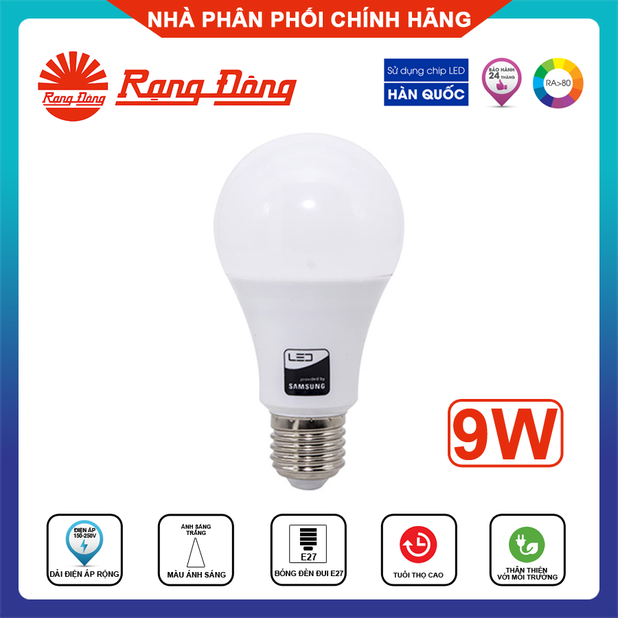 Rạng Đông, BH 2 Năm, Bóng Đèn Led Búp Tròn A60N1/9W 6500K, Hàng Việt Nam, Chất Lượng Cao