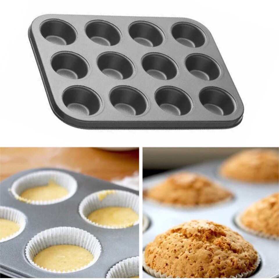 Khuôn cupcake 12 lỗ chống dính, Kích thước mỗi lỗ 6.6 cm x đáy 5.2 cm x cao 2 cm