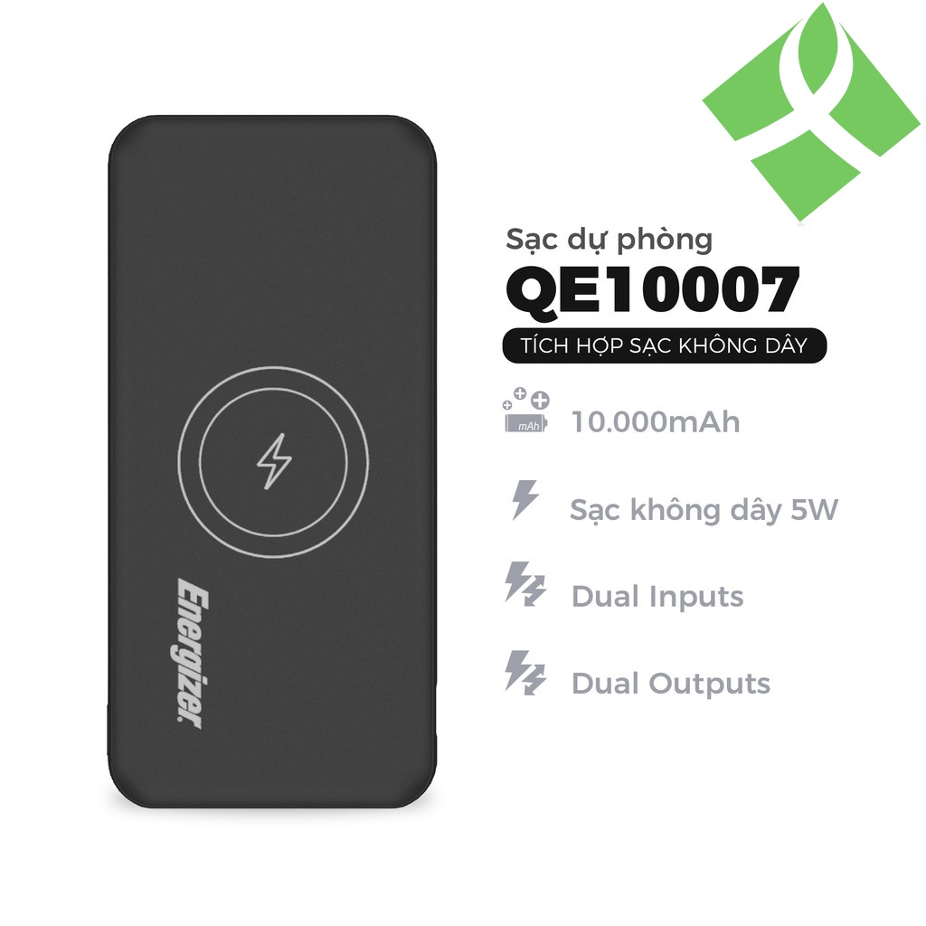 Sạc dự phòng Energizer 10,000mAh /3.7V Li-Polymer - QE10007 - tích hợp sạc không dây Qi 5W - Hàng chính hãng
