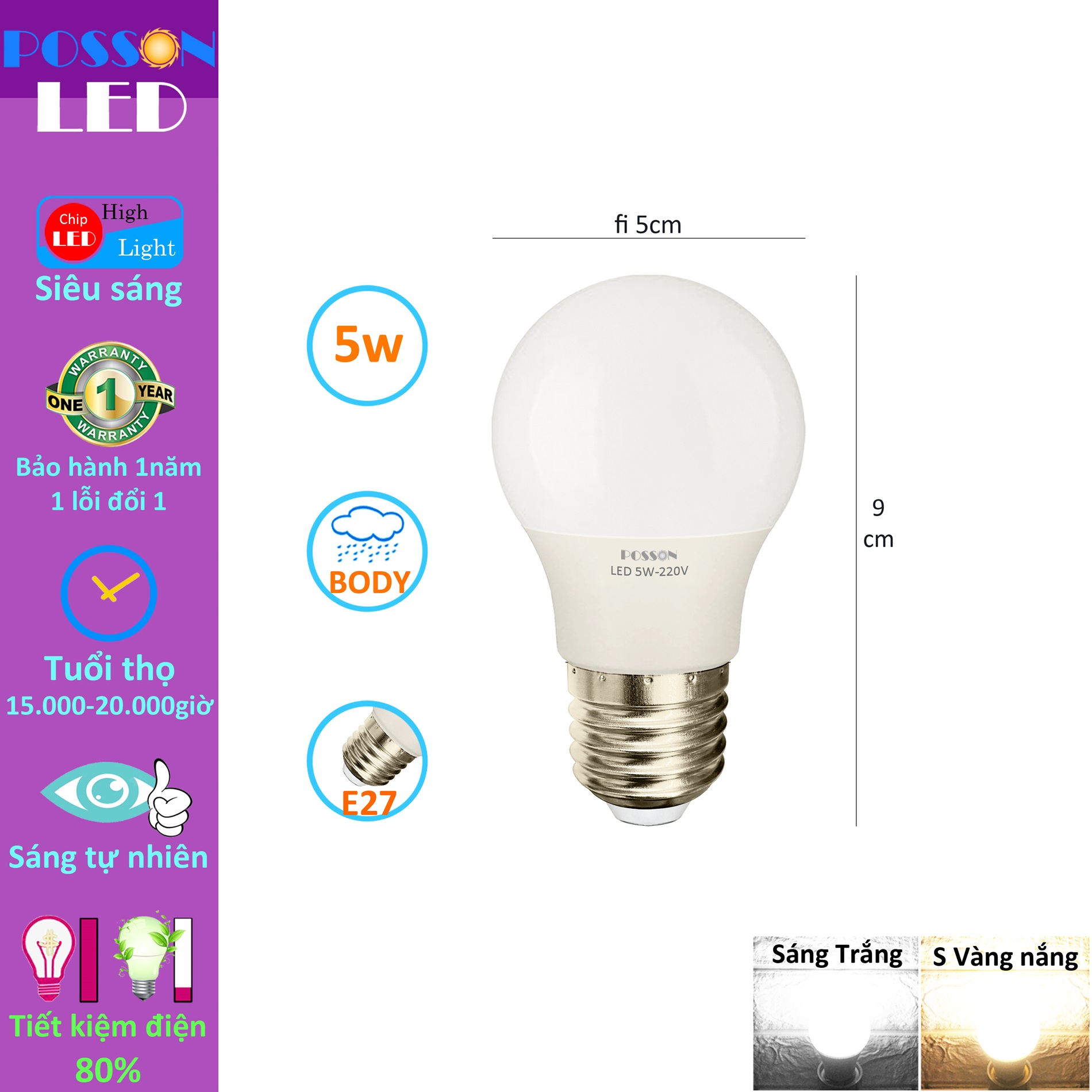 Sỉ 100 Bóng đèn Led 5w bup tròn A50 tiết kiệm điện thân kín chống nước mưa trang trí ngoài trời LB-5x
