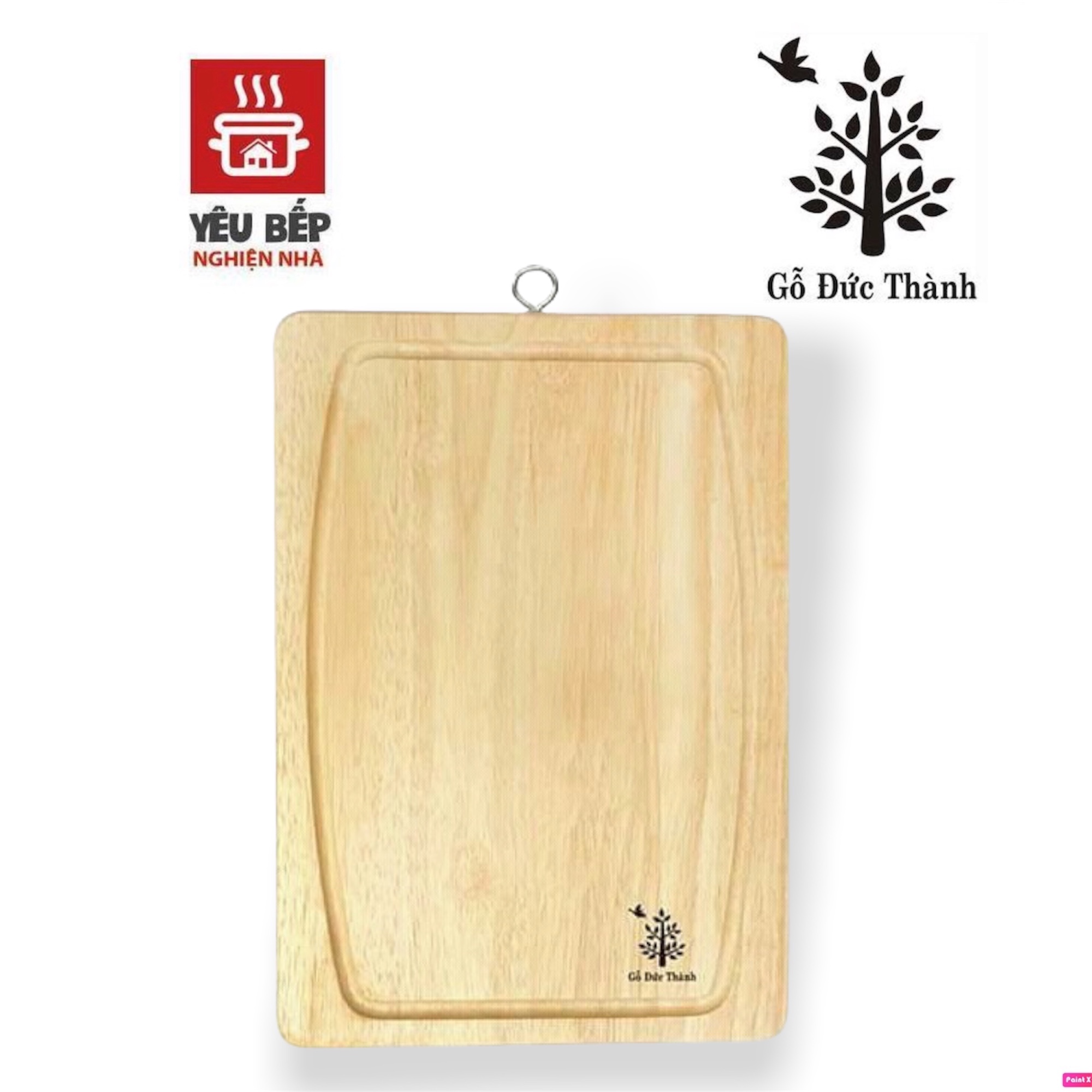Thớt gỗ cao su tự nhiên hình chữ nhật có khoen treo rảnh thoát nước kích thước lớn 02043 - dụng cụ nhà bếp cao cấp gỗ đức thành