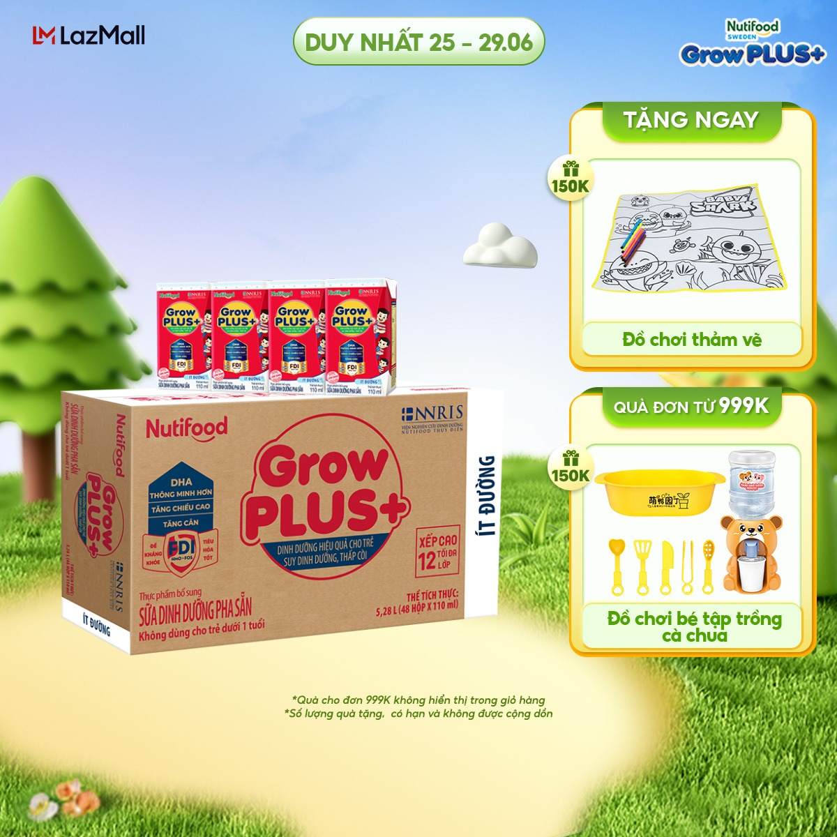 Thùng Sữa Bột Pha Sẵn Nutifood GrowPLUS+ Suy Dinh Dưỡng Ít Đường Trên 1 Tuổi - Tăng Cân, Tăng Chiều Cao (48 Hộp x 110ml)