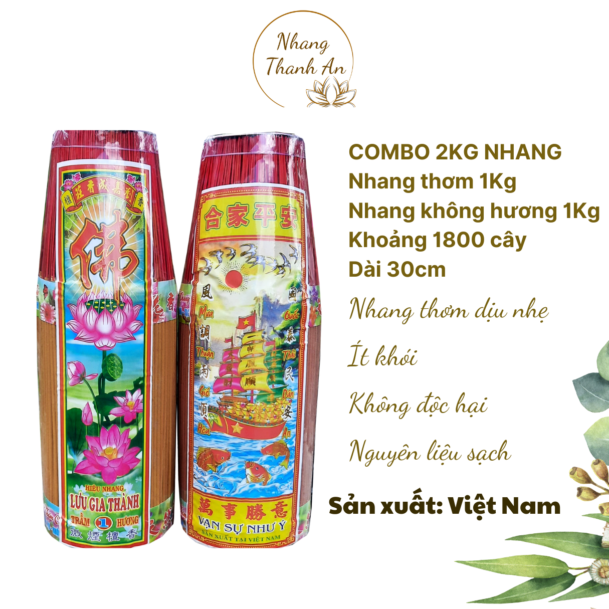 Combo 2kg nhang 3 tấc nhang thơm và nhang không hương ít khói nhang thanh an