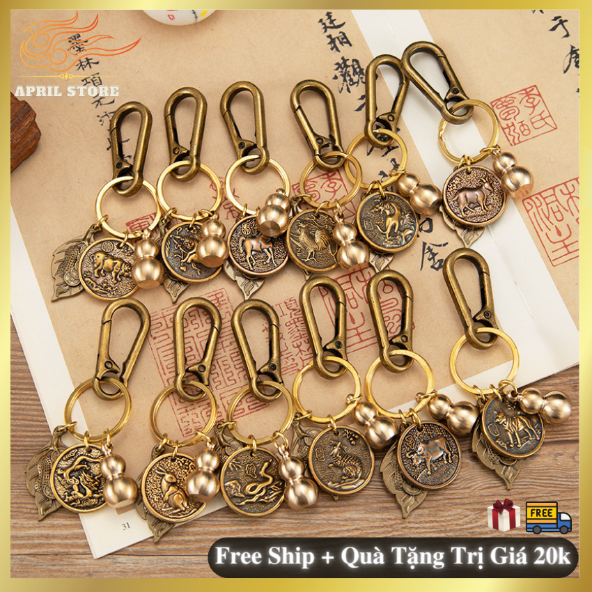 [Đồng Thau]Móc Khóa 12 Con Giáp - Treo Thắt Lưng Phong Thủy 4 Món (HL03) Bầu Đồng  Thu Hút Tài Lộc May Mắn
