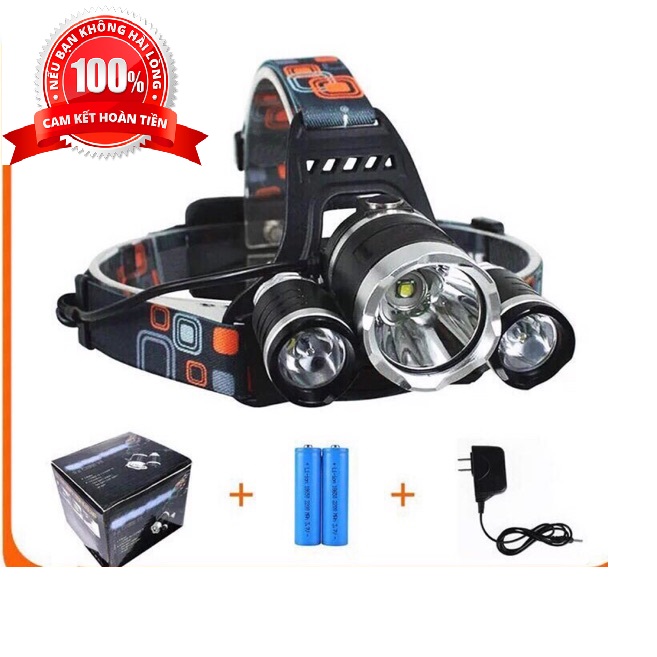 (Đèn tốt BH lên đến 1 năm )Đèn pin đội đầu siêu sáng - Đèn Pin Led Siêu Sáng Đội Đầu 3 Bóng (Đen) Nhiều Chế độ ,tặng kèm pin và sạc