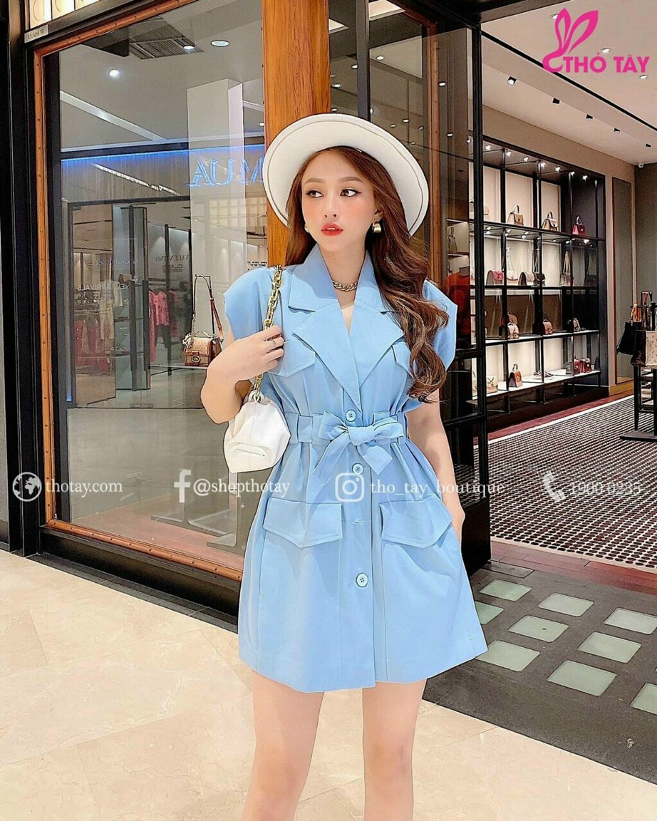 Đầm cổ vest tay con đắp túi cột nơ eo #damcovest