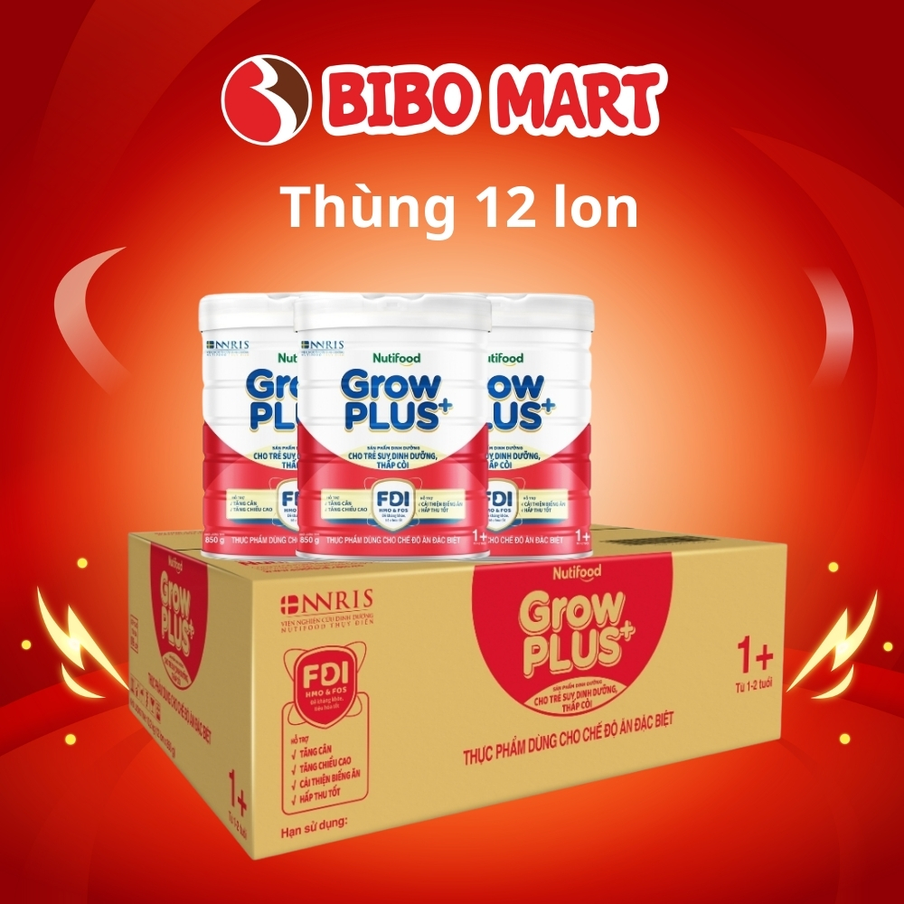 Thùng 12 Lon Sữa GrowPLUS + Đỏ Hỗ Trợ Tăng Cân 850g Dành Cho Bé 1 - 2 Tuổi - Bibomart