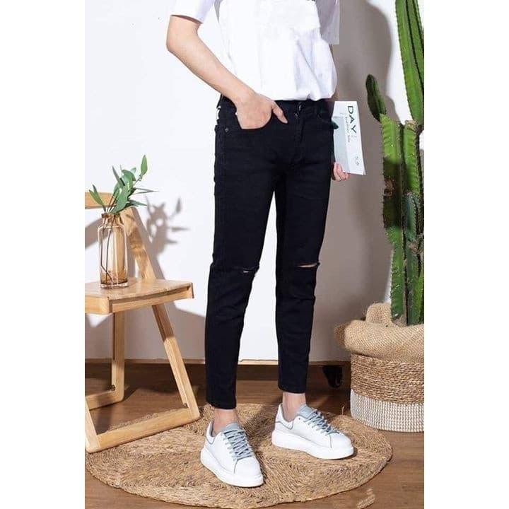 [HCM]Quần Jean Nam Chất Bò Cao Cấp Đen Rách Gối Co Dãn 4 Chiều | Kèm Ảnh Thật