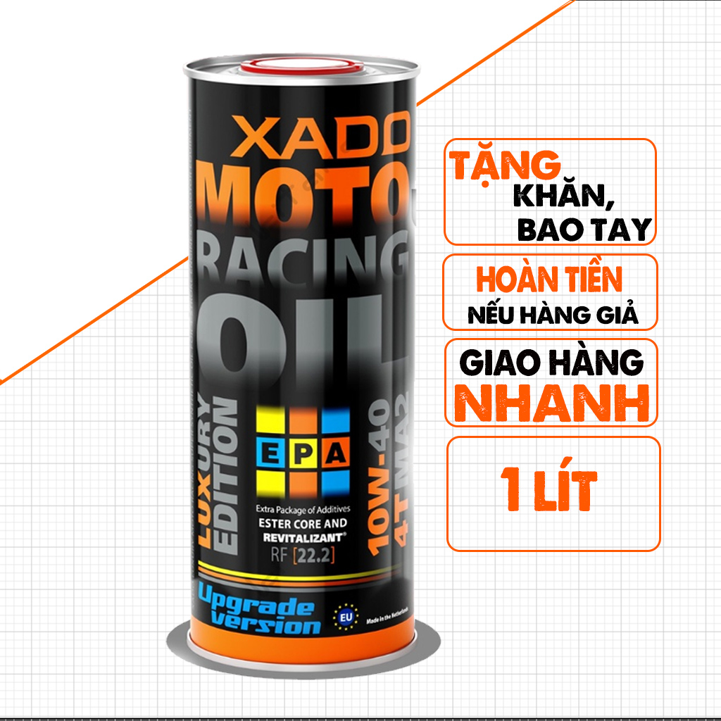 Nhớt Xado Racing 10W40 Mẫu Mới - 1 Lít Có Tem Check - Nhớt Full Tổng Hợp Cao Cấp Cho Exciter Winner Raider Satria Sonic MT15 R15 GSX - Nhập Khẩu Châu Âu