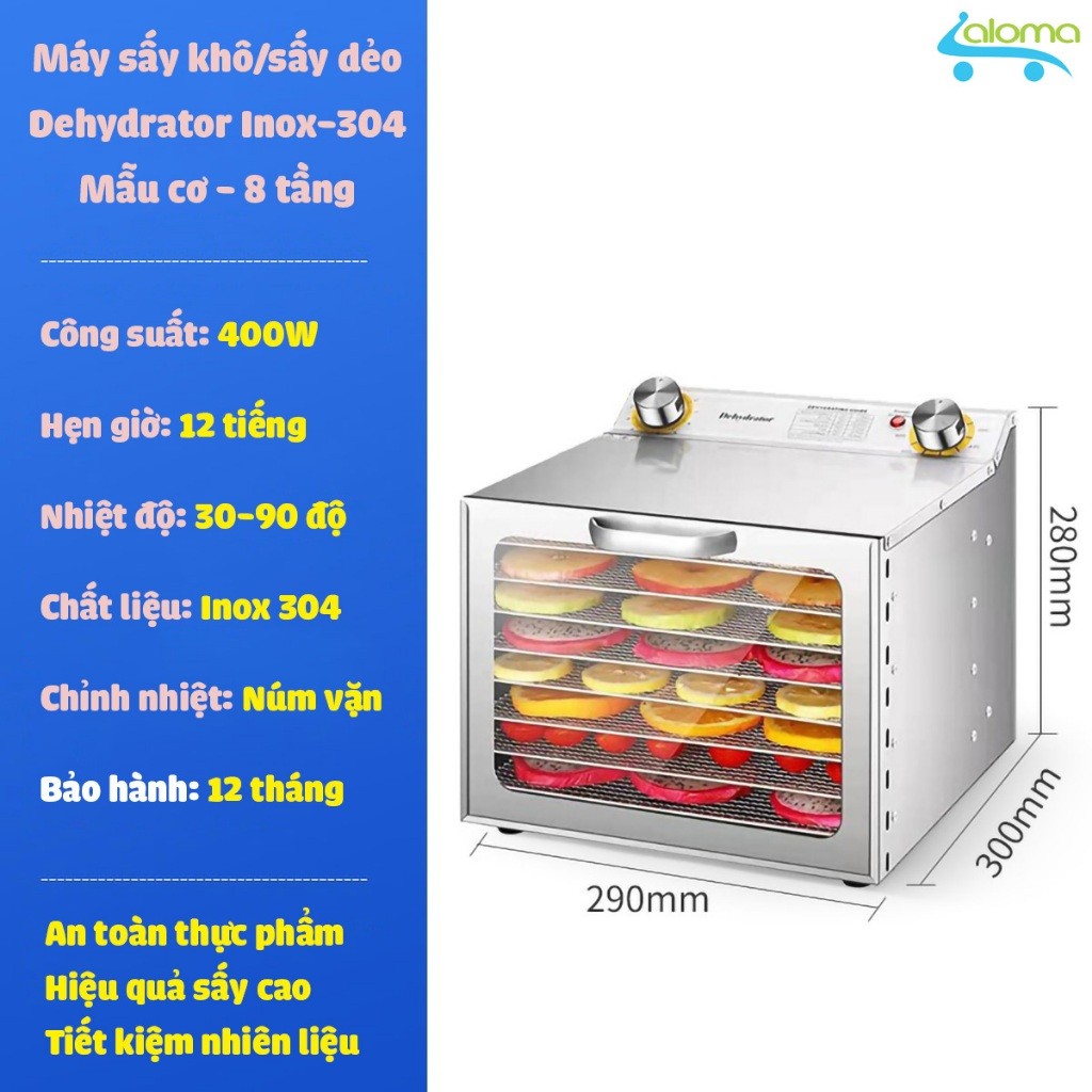 (BH 12 tháng)Máy sấy hoa quả DEHYDRATO loại Cơ (Nút vặn) 6 - 12 tầng(khay), nhiệt độ 40-90 độ C, chất liệu Inox 304