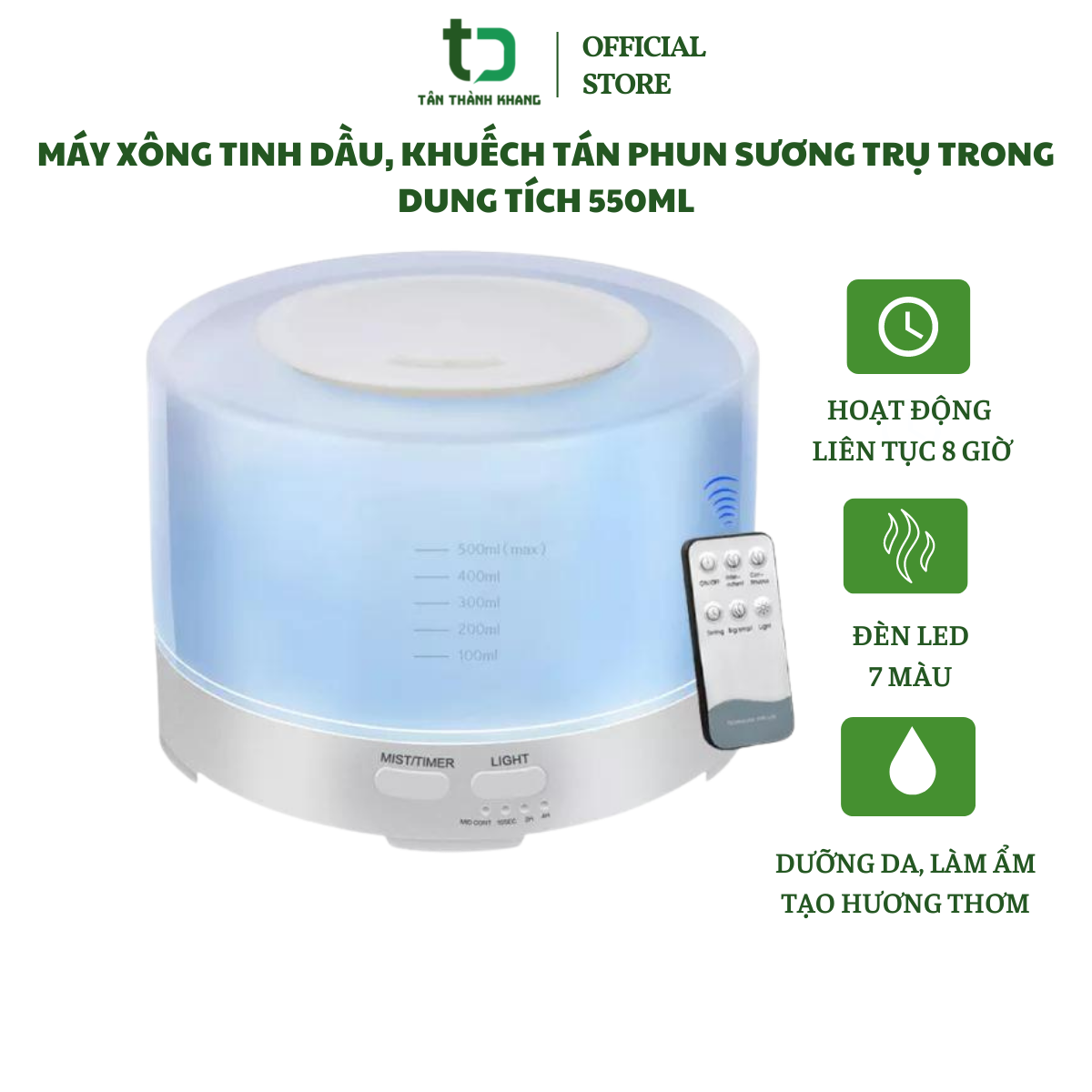 Máy Khuếch Tán Tinh Dầu/ Máy Xông Tinh Dầu/ Máy Phun Sương Trụ Trong- 500ml có điều khiển remote từ xa - Bh 3 Tháng