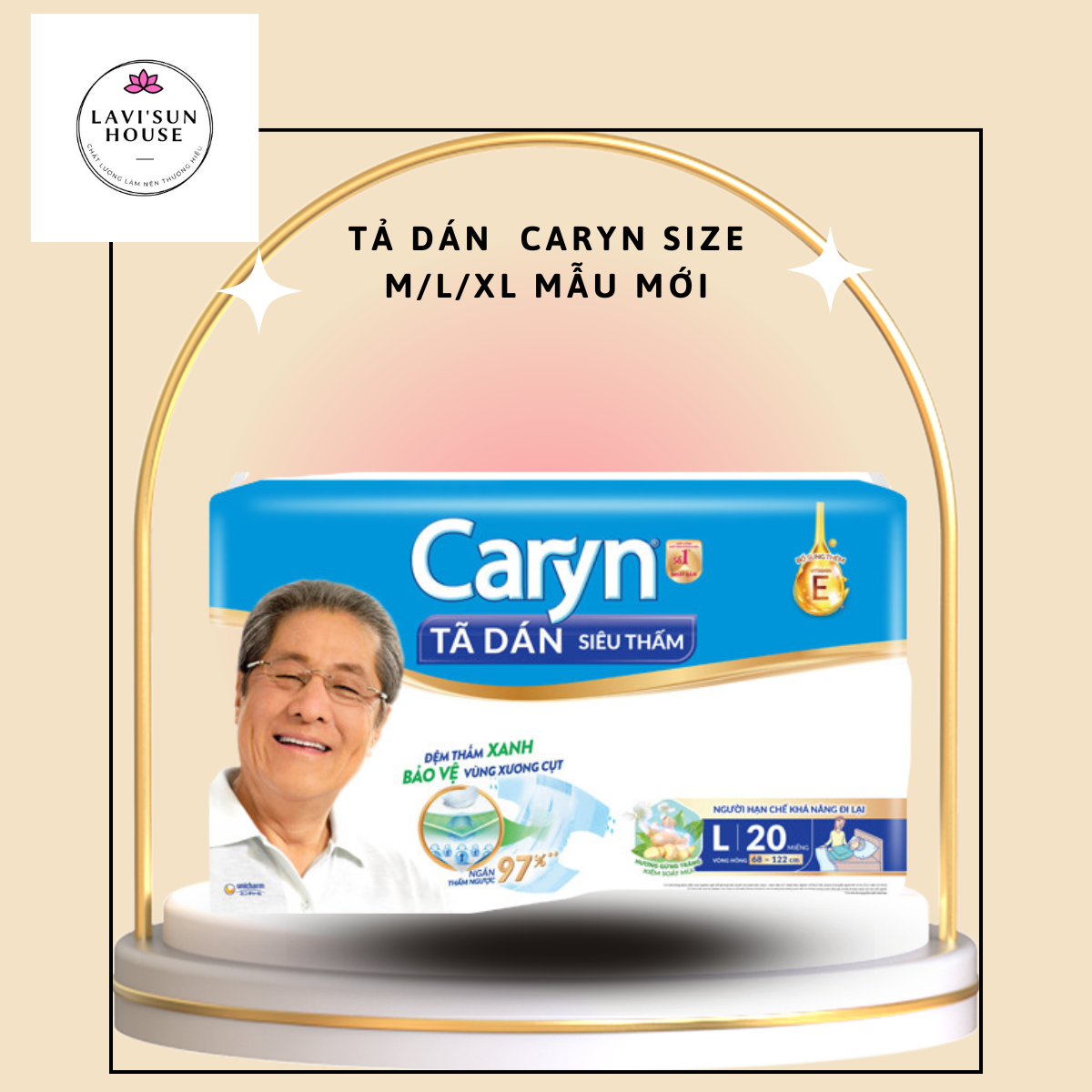 Tã bỉm dán Người lớn Caryn siêu thấm size L 20 miếng,tã người già size size L dành cho người hạn chế khả năng đi lại