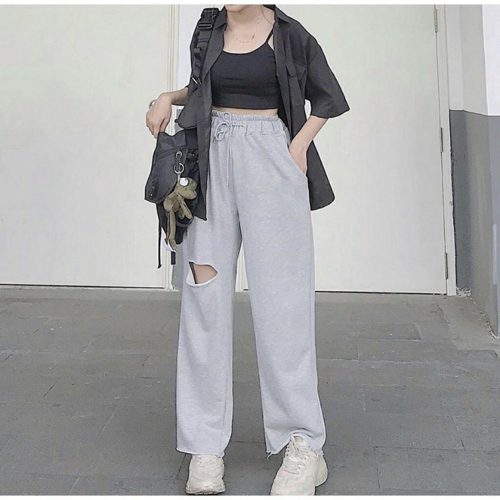 Quần ống rộng cạp chun lai tưa 2 màu cá tính