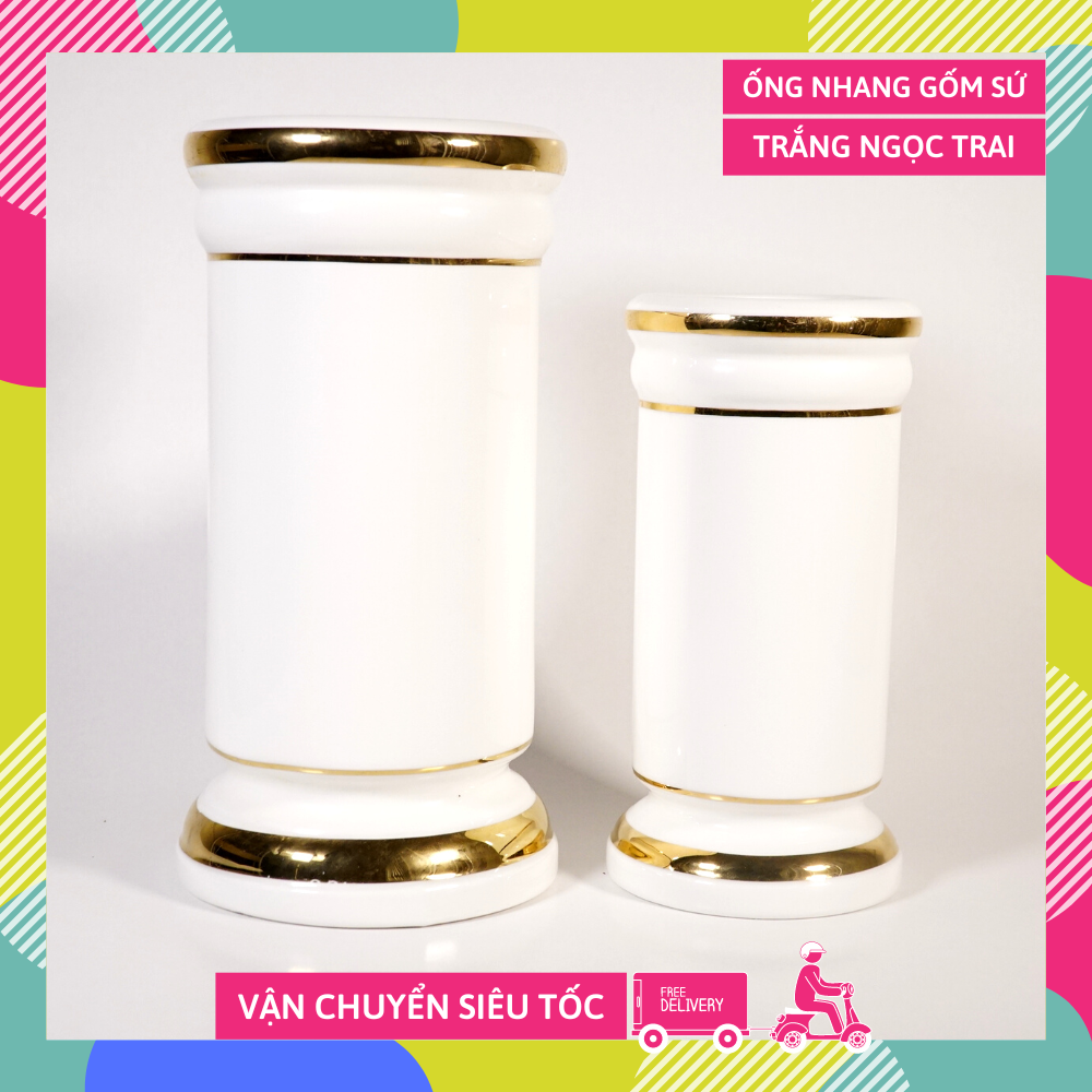 Ống nhang gốm sứ thờ cúng trắng ngọc trai hoàng kim mạ vàng cao cấp VIP - Nhiều cỡ