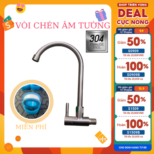 Vòi rửa chén lạnh âm tường, vòi nước nhà bếp inox sus 304 30cm